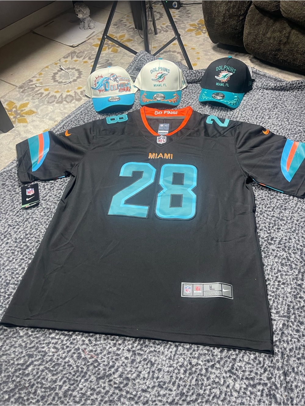 Nike Miami Dolphins #28 Black Teal Jersey with Orange Trim
